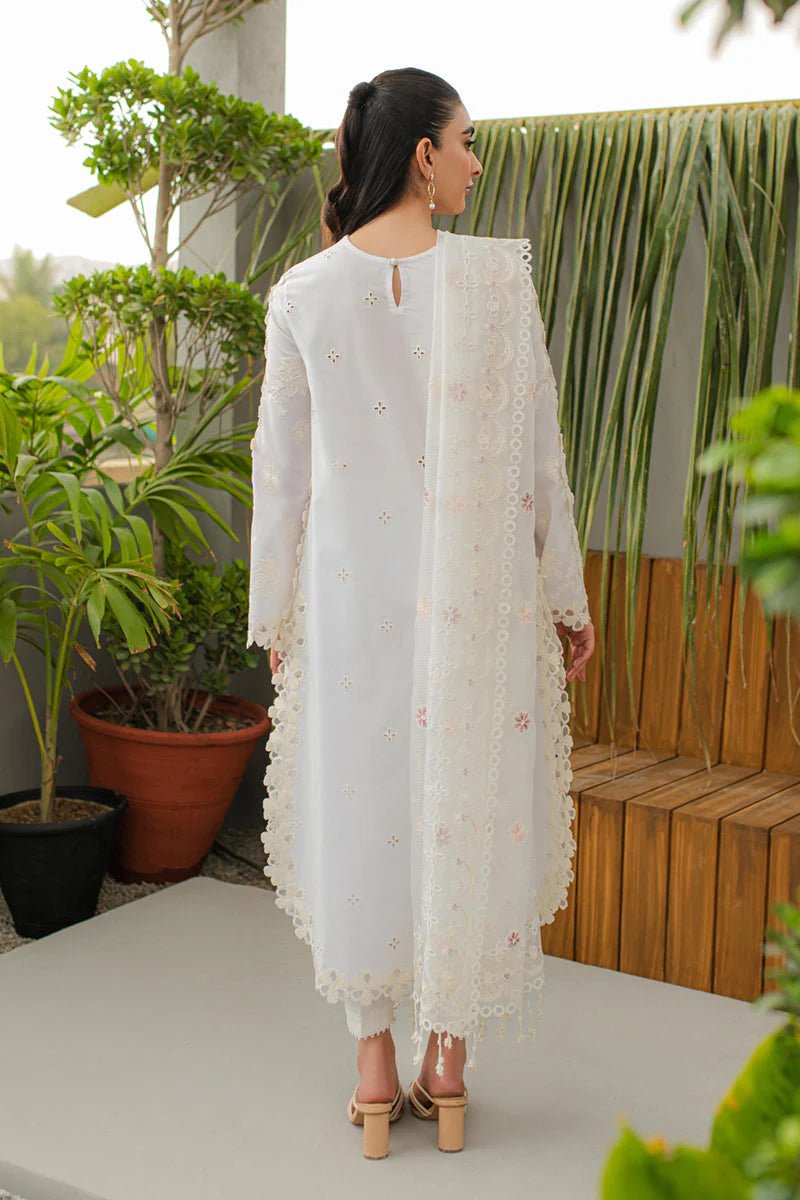 Model wearing Qalamkar Qline Lawn Collection '24 JK - 10 ORLA dress, showcasing Pakistani clothes online in the UK.