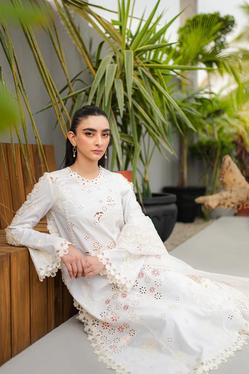 Model wearing Qalamkar Qline Lawn Collection '24 JK - 10 ORLA dress, showcasing Pakistani clothes online in the UK.