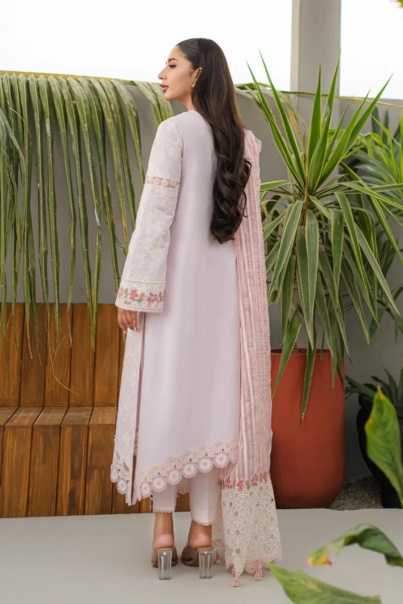 Model wearing Qalamkar Qline Lawn Collection '24 JK - 11 NIEVE dress, showcasing Pakistani clothes online in the UK.