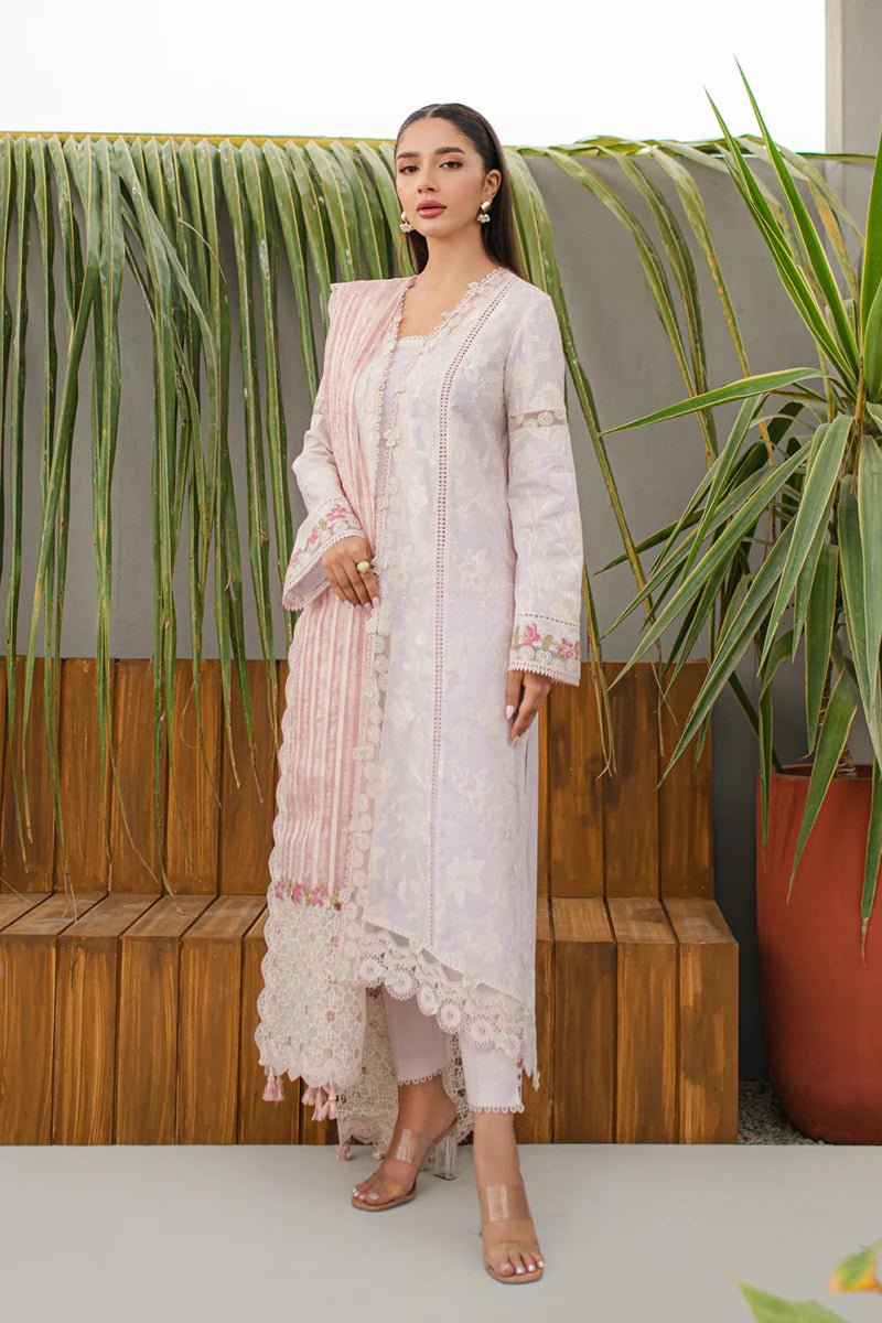 Model wearing Qalamkar Qline Lawn Collection '24 JK - 11 NIEVE dress, showcasing Pakistani clothes online in the UK.