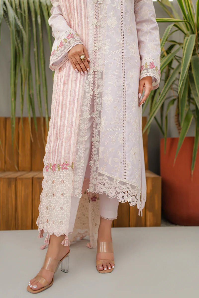 Model wearing Qalamkar Qline Lawn Collection '24 JK - 11 NIEVE dress, showcasing Pakistani clothes online in the UK.