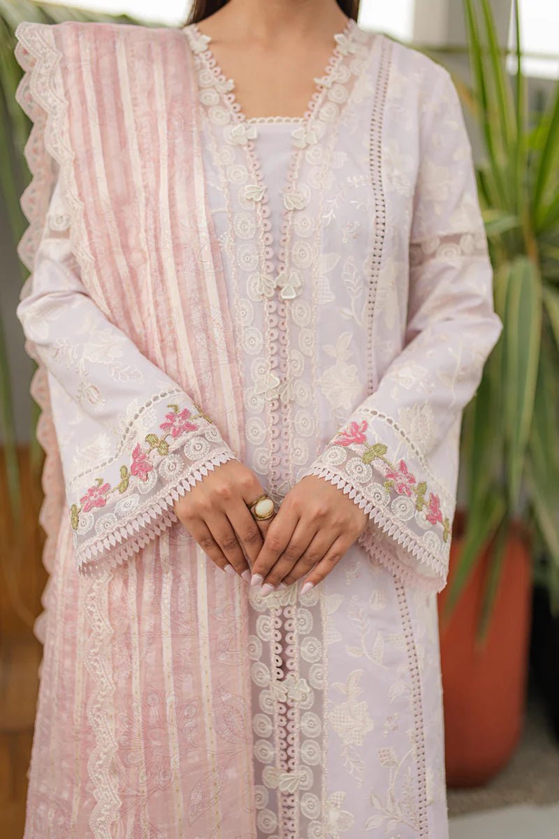 Model wearing Qalamkar Qline Lawn Collection '24 JK - 11 NIEVE dress, showcasing Pakistani clothes online in the UK.