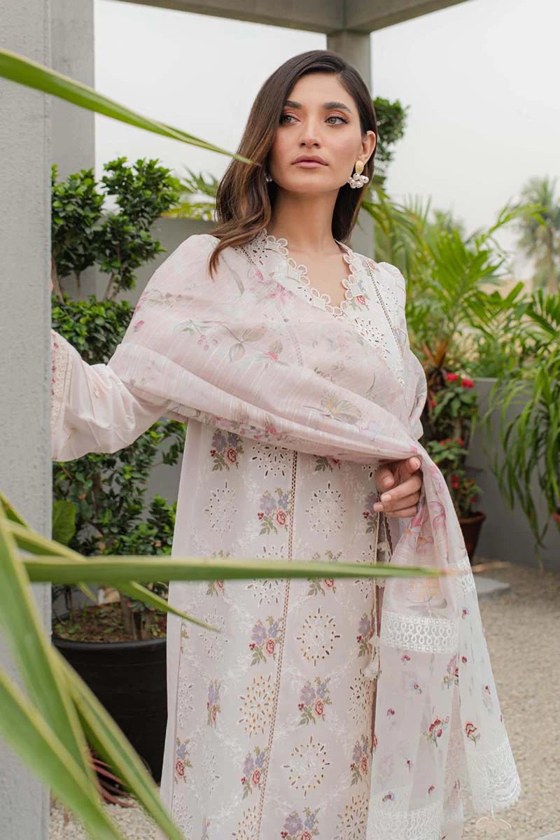 Model wearing Qalamkar Qline Lawn Collection '24 JK - 13 OPALINE dress, presenting Pakistani clothes online in the UK.