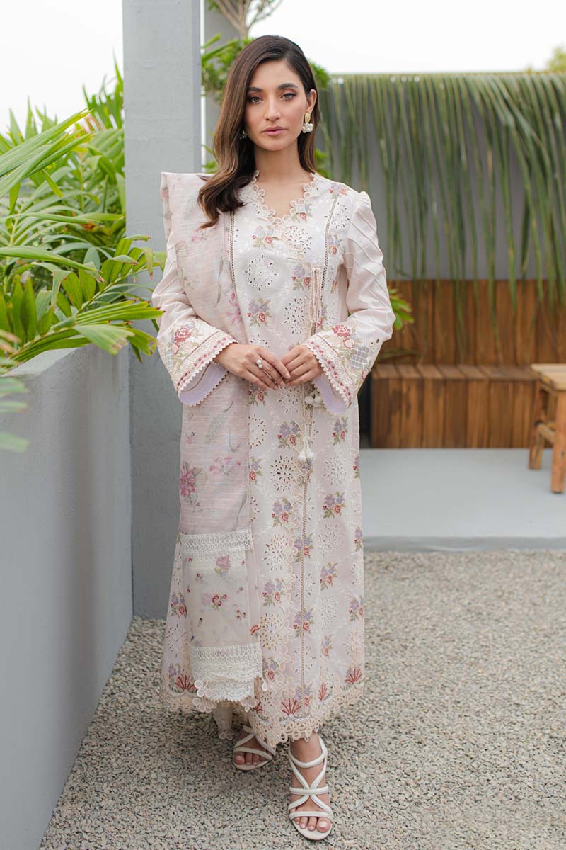 Model in Qalamkar JK - 13 OPALINE dress, UK Pakistani clothing line, elegant and contemporary.