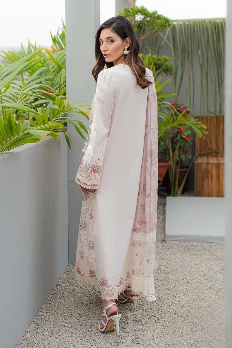 Model wearing Qalamkar Qline Lawn Collection '24 JK - 13 OPALINE dress, presenting Pakistani clothes online in the UK.