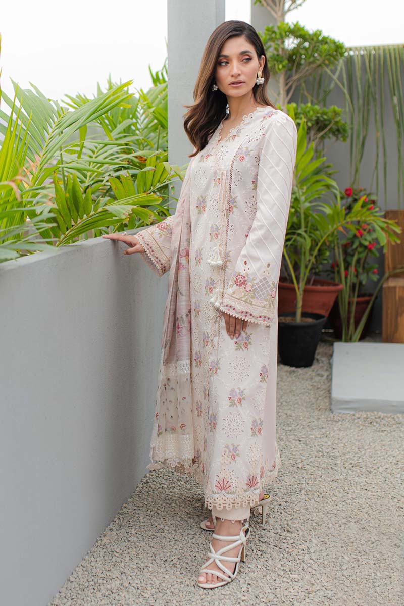 Model wearing Qalamkar Qline Lawn Collection '24 JK - 13 OPALINE dress, presenting Pakistani clothes online in the UK.