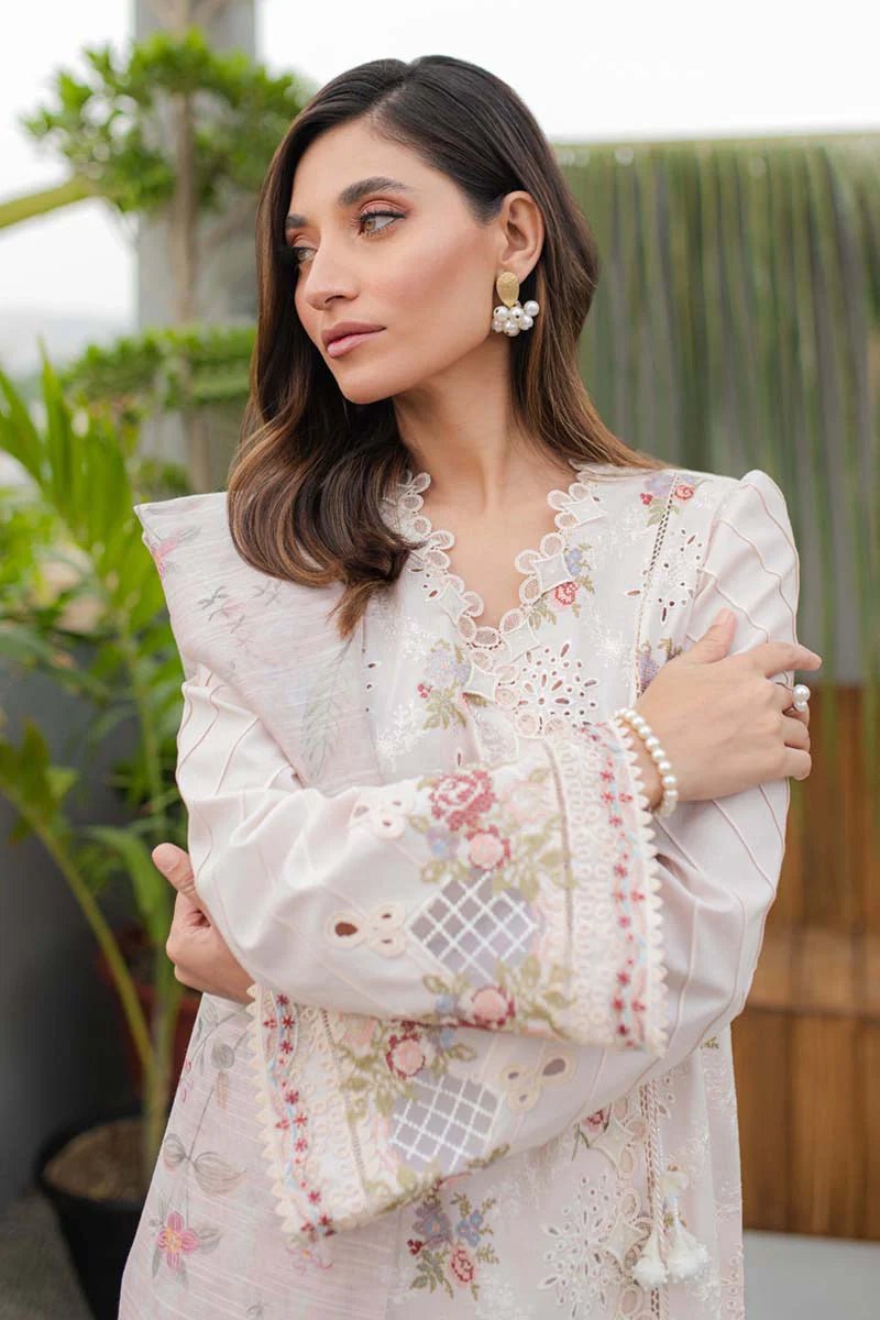 Model wearing Qalamkar Qline Lawn Collection '24 JK - 13 OPALINE dress, presenting Pakistani clothes online in the UK.