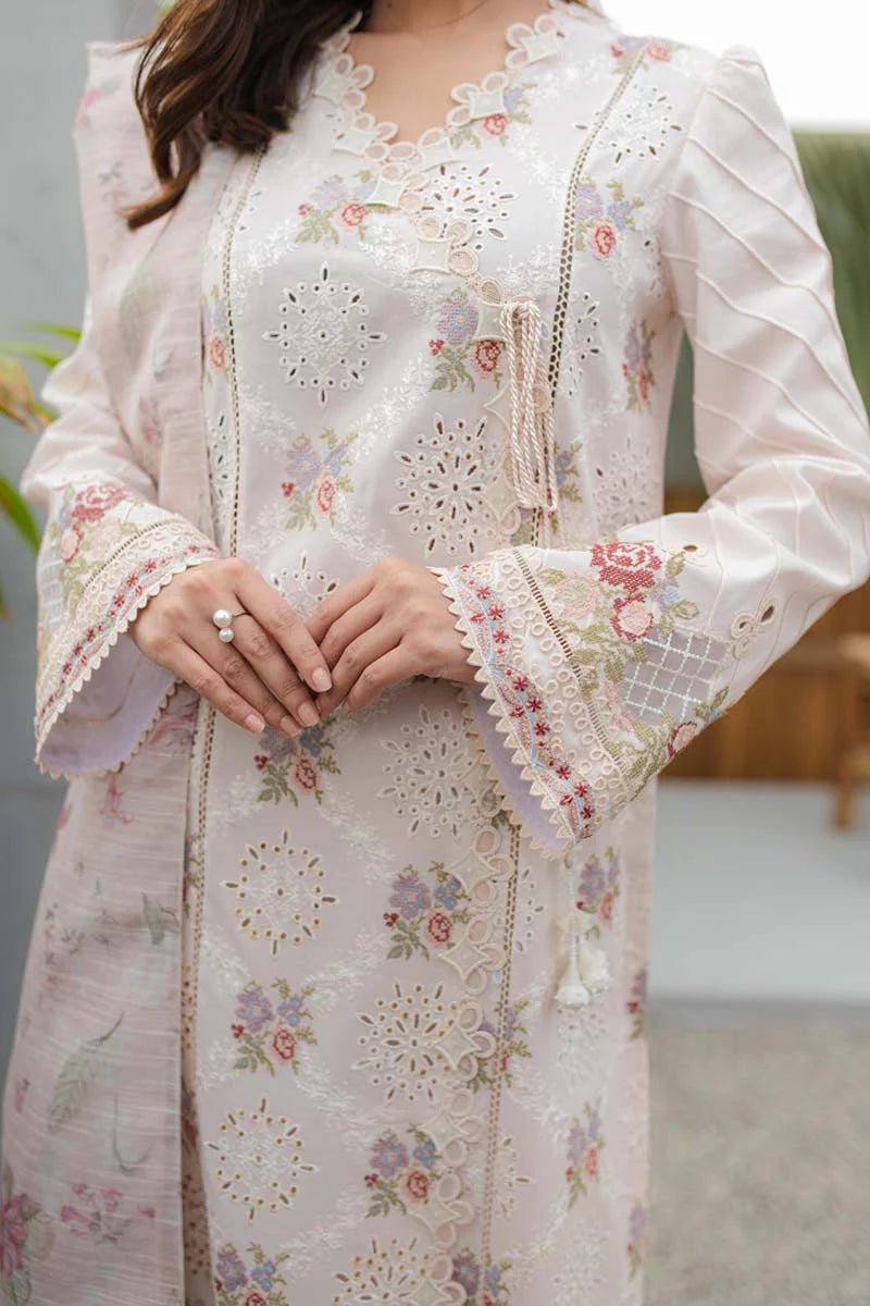 Model wearing Qalamkar Qline Lawn Collection '24 JK - 13 OPALINE dress, presenting Pakistani clothes online in the UK.