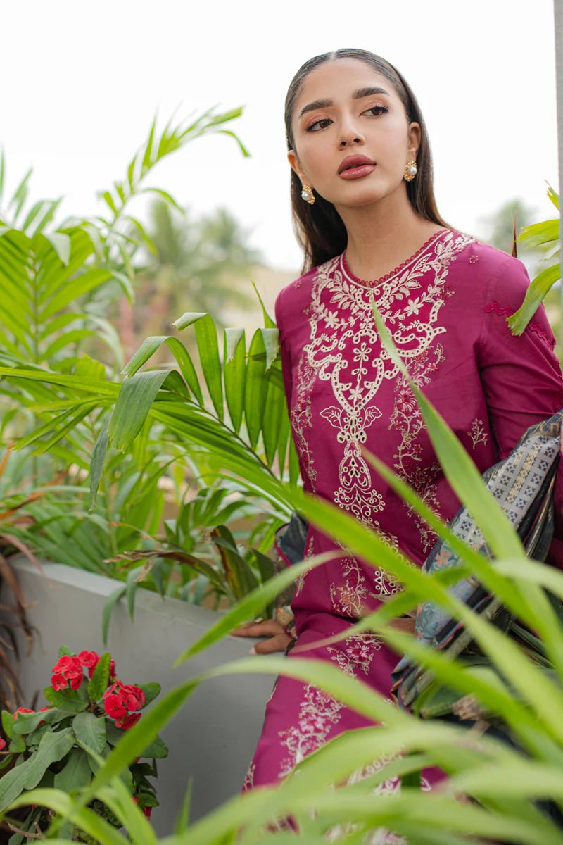 Model wearing Qalamkar Qline Lawn Collection '24 JK - 16 SERAPHINA dress, showcasing Pakistani clothes online in the UK.