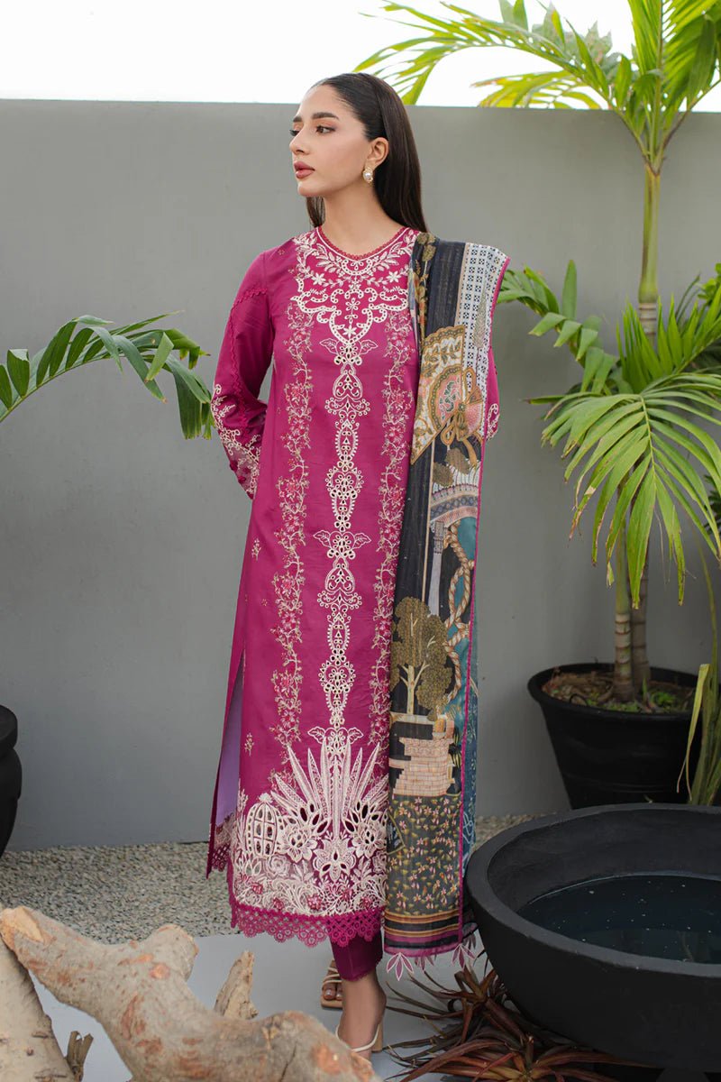 Model wearing Qalamkar Qline Lawn Collection '24 JK - 16 SERAPHINA dress, showcasing Pakistani clothes online in the UK.