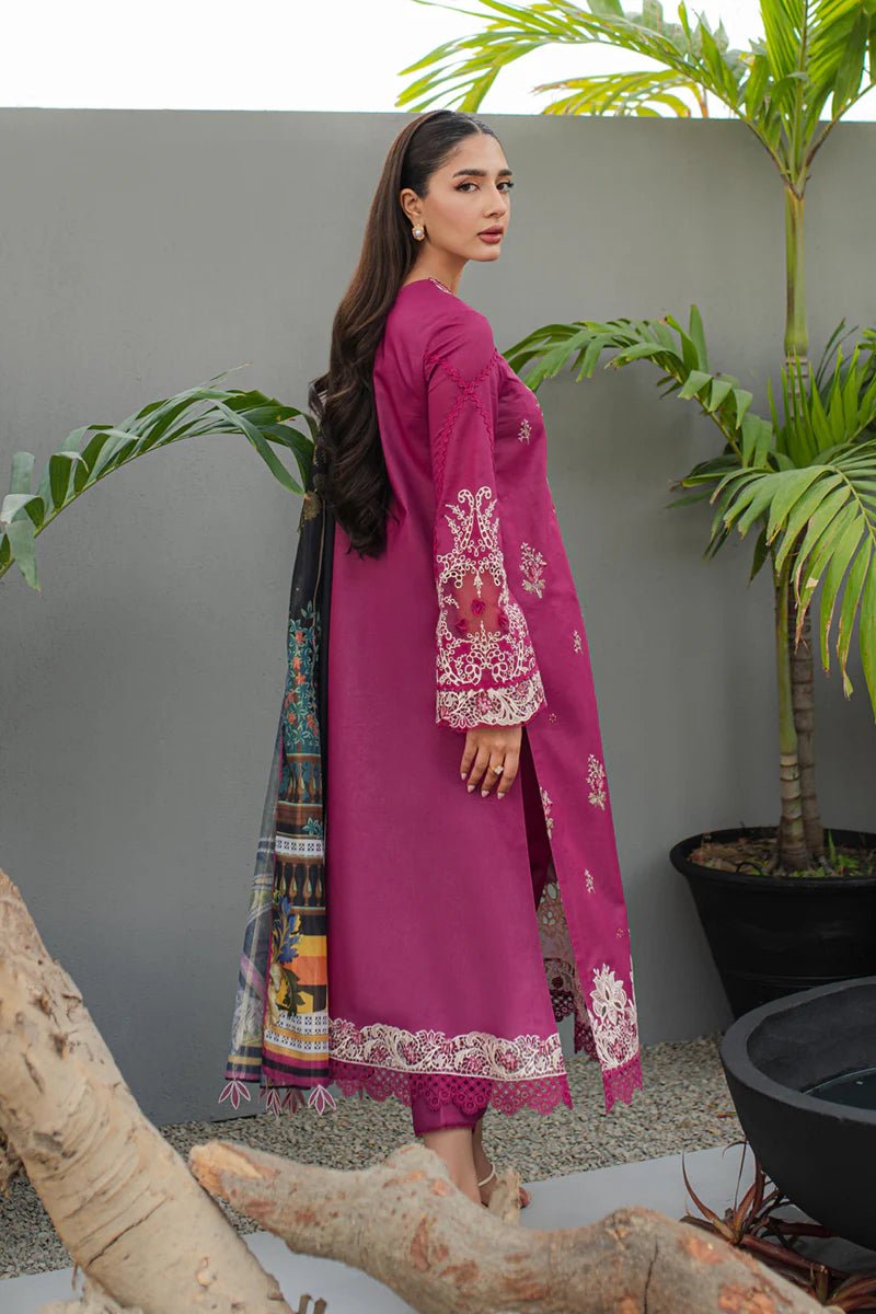 Model wearing Qalamkar Qline Lawn Collection '24 JK - 16 SERAPHINA dress, showcasing Pakistani clothes online in the UK.