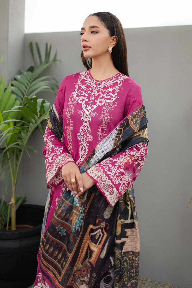 Model wearing Qalamkar Qline Lawn Collection '24 JK - 16 SERAPHINA dress, showcasing Pakistani clothes online in the UK.