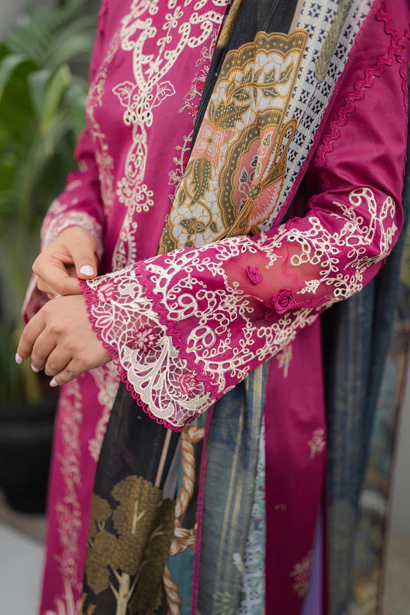 Model wearing Qalamkar Qline Lawn Collection '24 JK - 16 SERAPHINA dress, showcasing Pakistani clothes online in the UK.