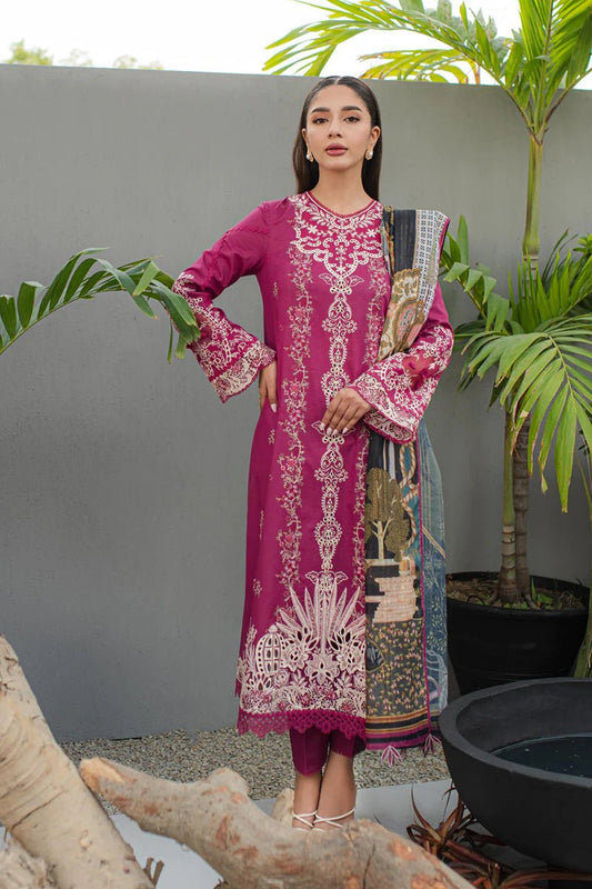 Model in magenta Qalamkar JK - 16 SERAPHINA, chic Pakistani clothes UK, perfect for elegant attire.