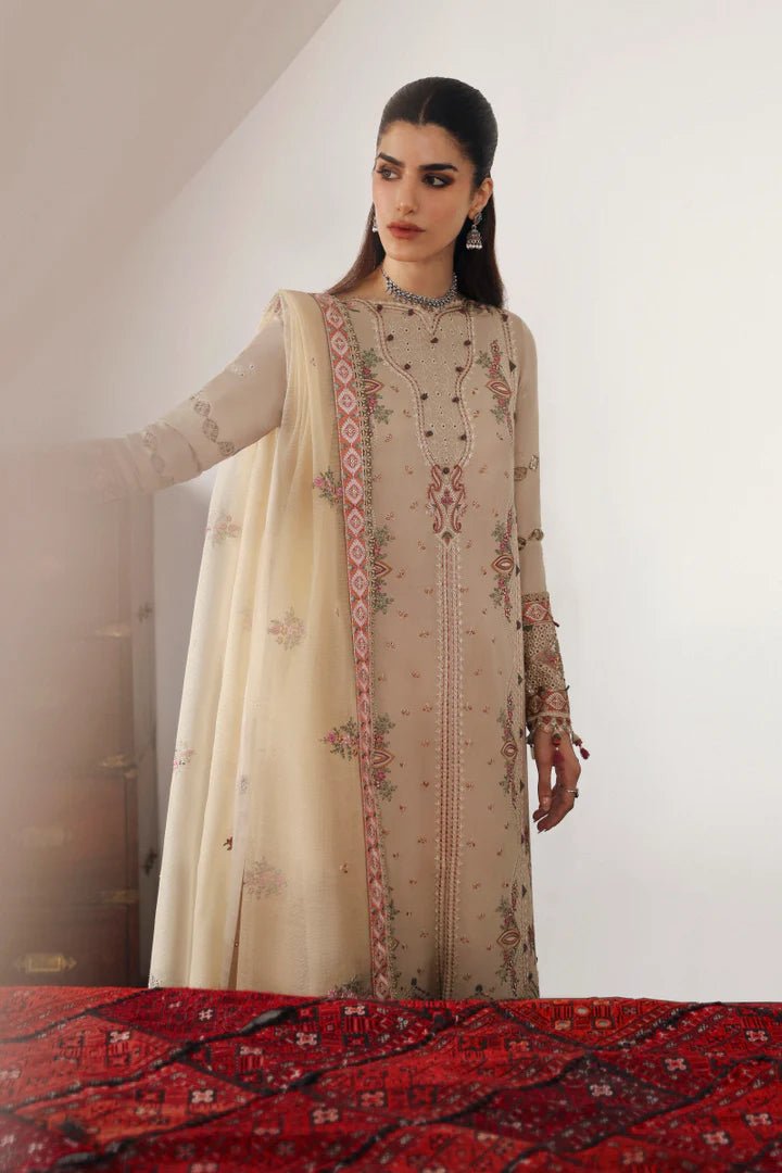 Model wearing LM - 11 ZIA dress from Qalamkar's Qlinekari Linen collection in beige. Pakistani winter casual pret available online in the UK.