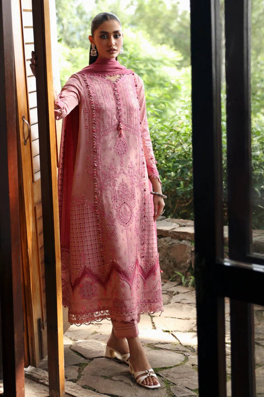 Model wearing LM - 12 KEIRA dress from Qalamkar's Qlinekari Linen collection in soft pink. Pakistani winter casual pret available online in the UK.