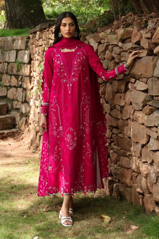 Model wearing LM - 13 TARA dress from Qalamkar's Qlinekari Linen collection in deep red. Pakistani winter casual pret available online in the UK.