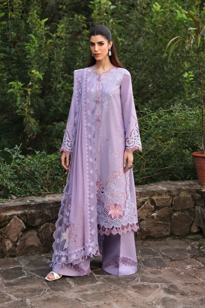 Model wearing LM - 14 MAEVE dress from Qalamkar's Qlinekari Linen collection in lavender. Pakistani winter casual pret available online in the UK.