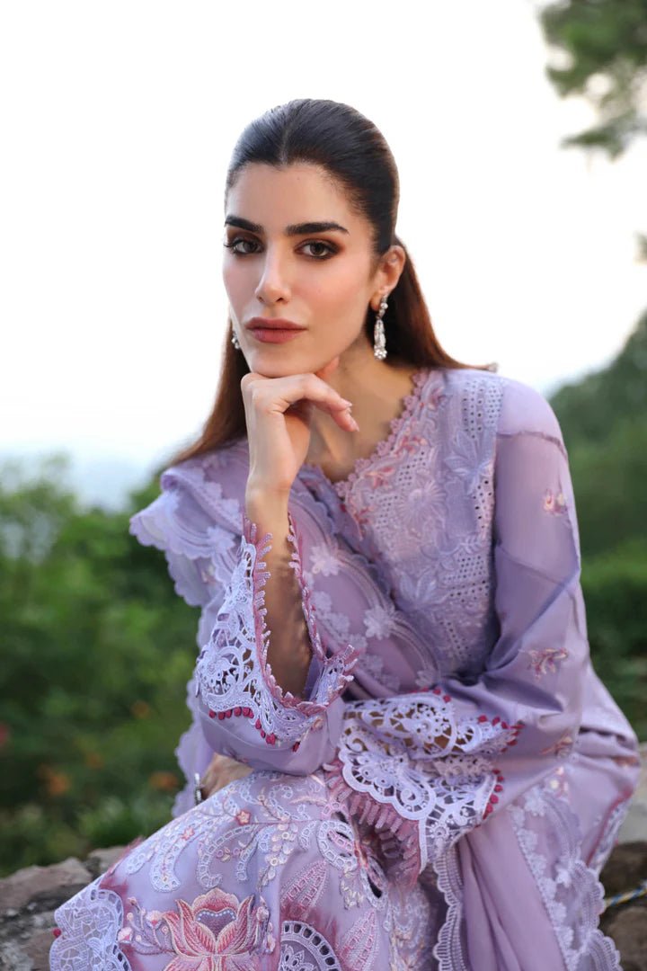 Model wearing LM - 14 MAEVE dress from Qalamkar's Qlinekari Linen collection in lavender. Pakistani winter casual pret available online in the UK.