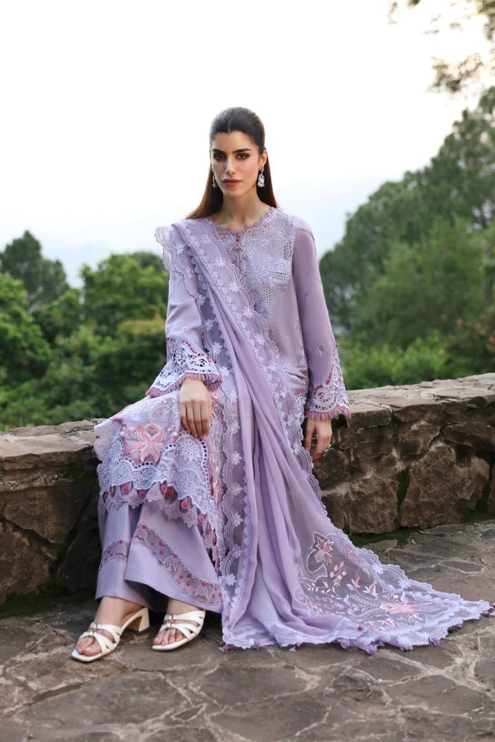 Model wearing LM - 14 MAEVE dress from Qalamkar's Qlinekari Linen collection in lavender. Pakistani winter casual pret available online in the UK.