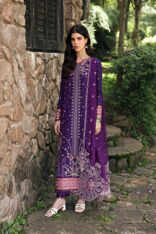 Model wearing LM - 15 EIMERA dress from Qalamkar's Qlinekari Linen collection in deep purple. Pakistani winter casual pret available online in the UK.