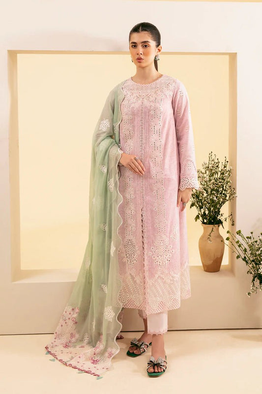 Model wearing Qalamkar Qlinekari Luxury Lawn SQ-02 ASEMA dress, Pakistani clothes online in UK.