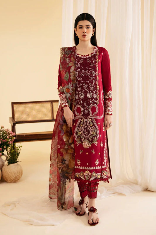 Model wearing Qalamkar Qlinekari Luxury Lawn SQ-04 LARMINA dress, Pakistani clothes online in UK.