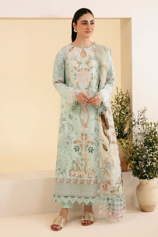 Model wearing Qalamkar Qlinekari Luxury Lawn SQ-06 AFROZEH dress, Pakistani clothes online in UK.