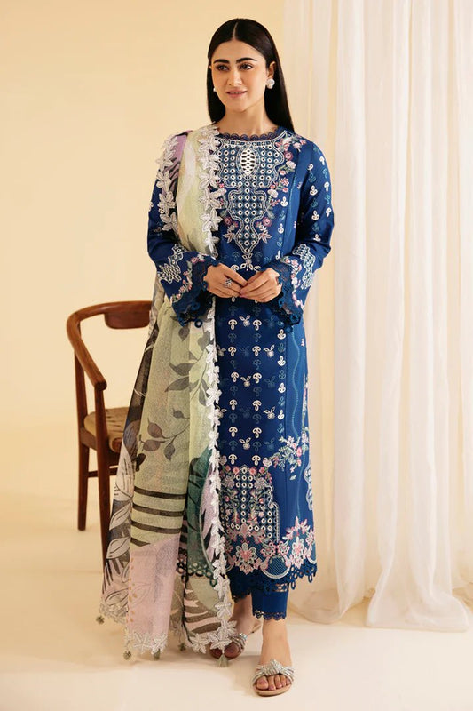 Model wearing Qalamkar Qlinekari Luxury Lawn SQ-08 ZEL dress, Pakistani clothes online in UK.