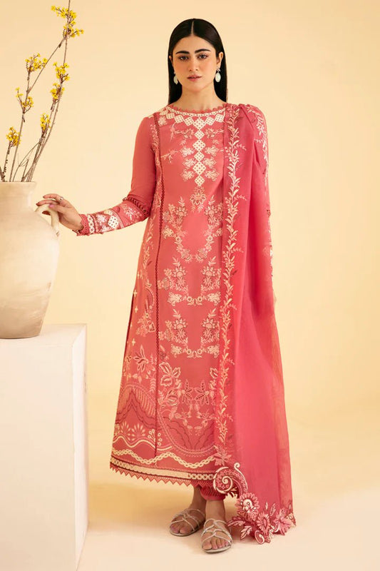 Model wearing Qalamkar Qlinekari Luxury Lawn SQ-09 SENA dress, Pakistani clothes online in UK.