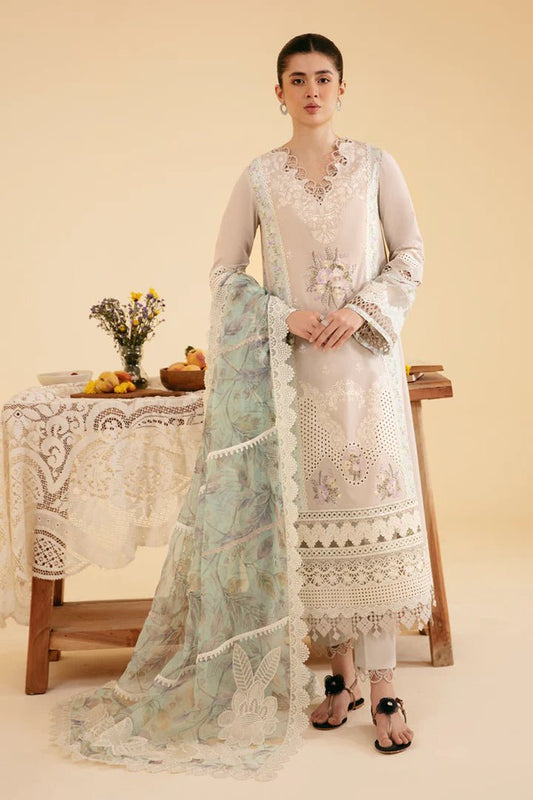Model wearing Qalamkar Qlinekari Luxury Lawn SQ-13 AYSEL dress, Pakistani clothes online in UK.