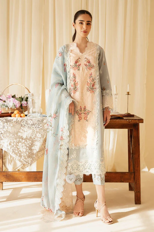 Model wearing Qalamkar Qlinekari Luxury Lawn SQ-15 NEYLAN dress, Pakistani clothes online in UK.