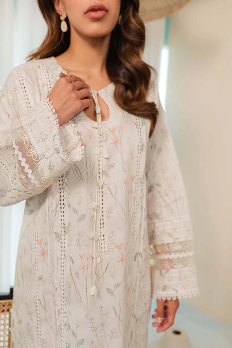 Model wearing Qalamkar Qprints 24 DP - 01 INES dress, presenting Pakistani fashion online in the UK.