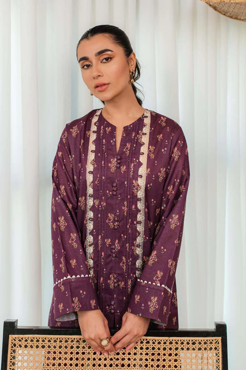 Model wearing Qalamkar Qprints 24 DP - 02 LENA dress, showcasing Pakistani fashion online in the UK.