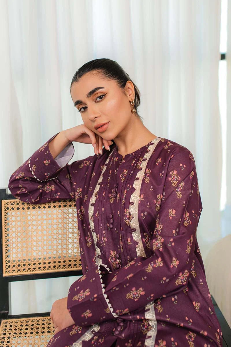 Model wearing Qalamkar Qprints 24 DP - 02 LENA dress, showcasing Pakistani fashion online in the UK.