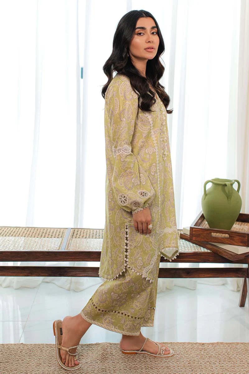 Model wearing Qalamkar Qprints 24 DP - 03 MARGOT dress, showcasing Pakistani clothes online in the UK.