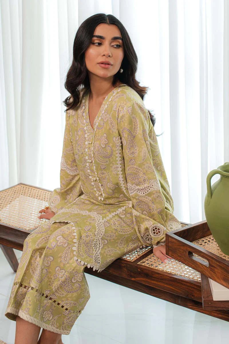 Model wearing Qalamkar Qprints 24 DP - 03 MARGOT dress, showcasing Pakistani clothes online in the UK.