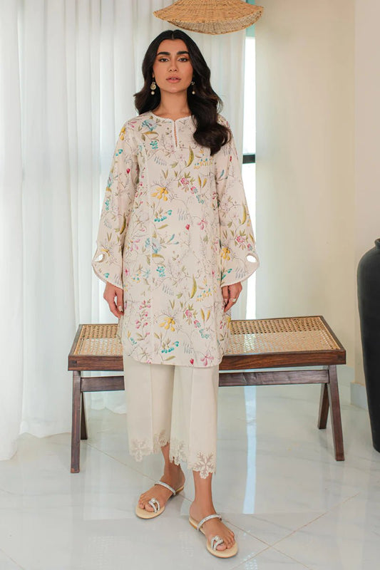 Model in Qalamkar DP - 04 EABHA, a floral Pakistani suit, showcasing UK's latest ethnic wear.