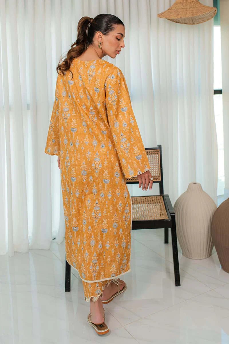 Model wearing Qalamkar Qprints 24 DP - 05 MAELYS dress, showcasing Pakistani clothes online in the UK.