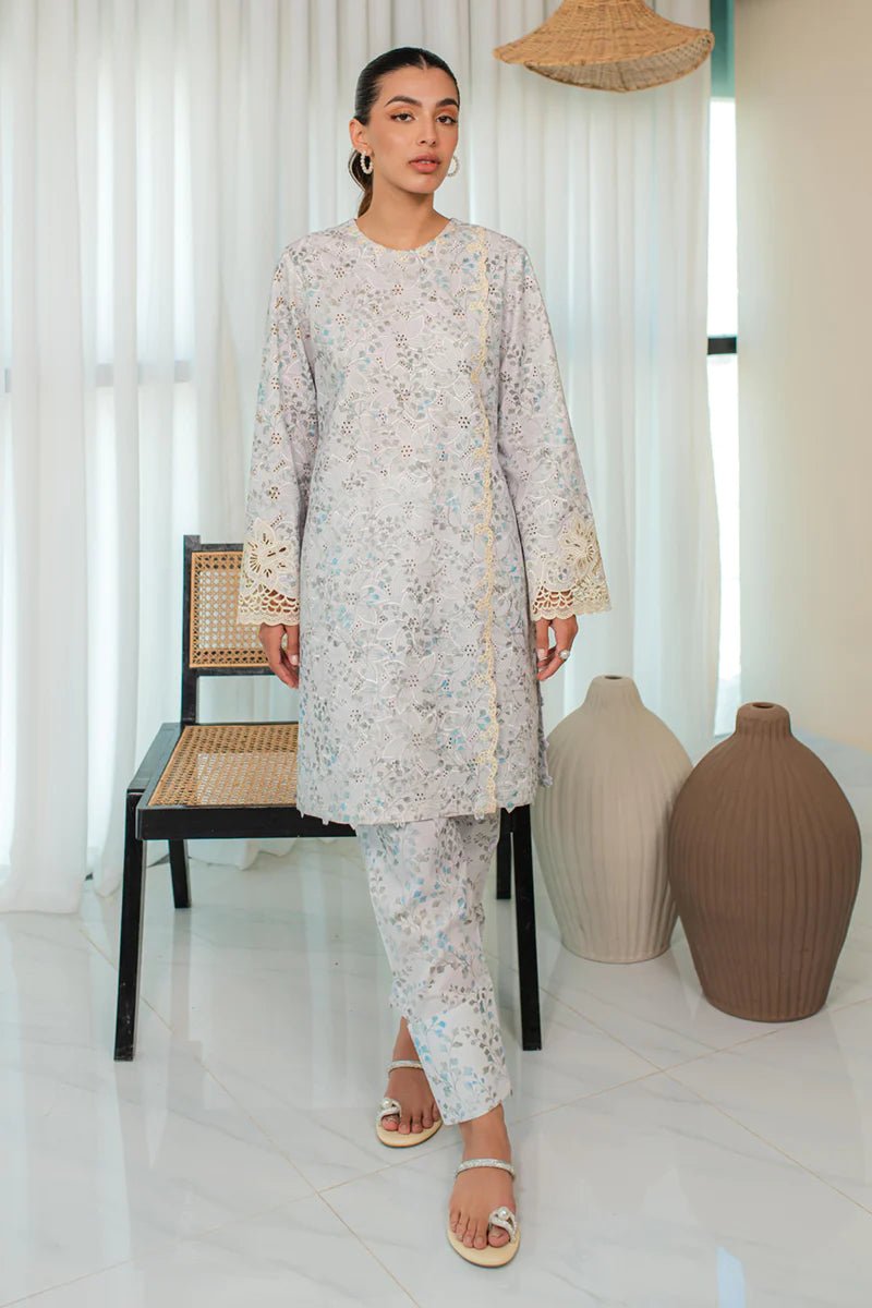 Model Wearing Qalamkar Qprints 24 FLORA dress, delicate print - chic Pakistani apparel in the UK