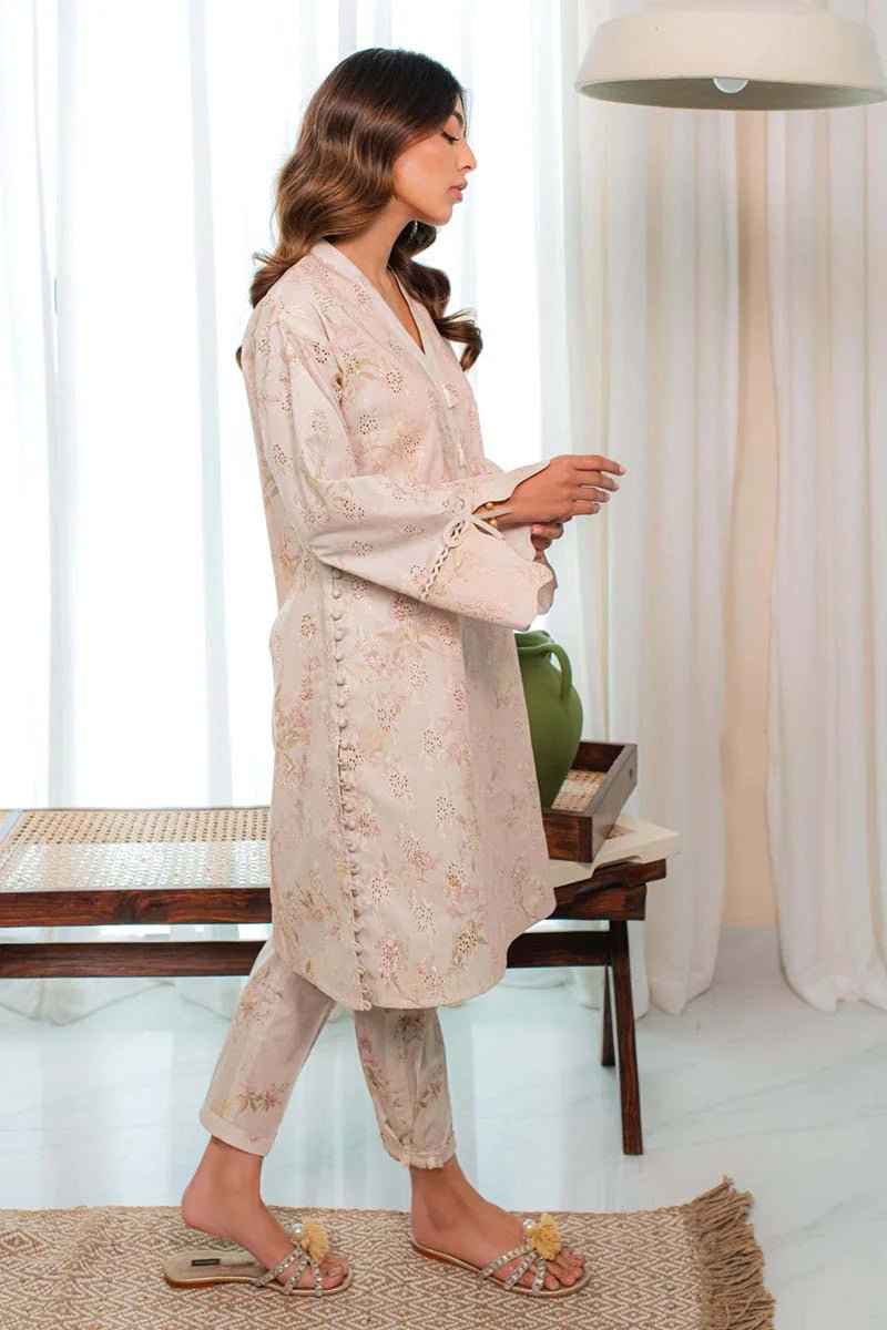 Model wearing Qalamkar Qprints 24 DP - 07 AINE dress, showcasing stylish Pakistani clothes available online in the UK.