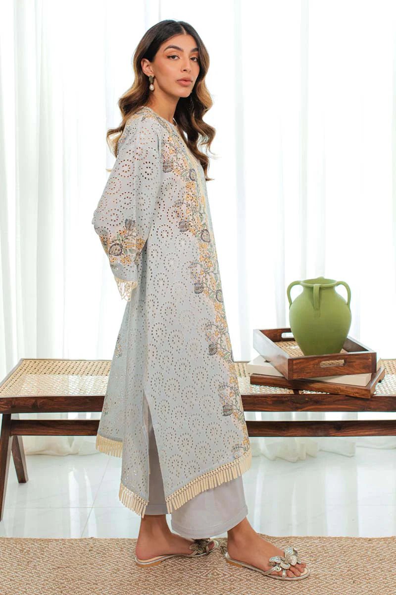 Model wearing Qalamkar Qprints 24 DP - 08 LEA dress, highlighting elegant Pakistani clothes available online in the UK.