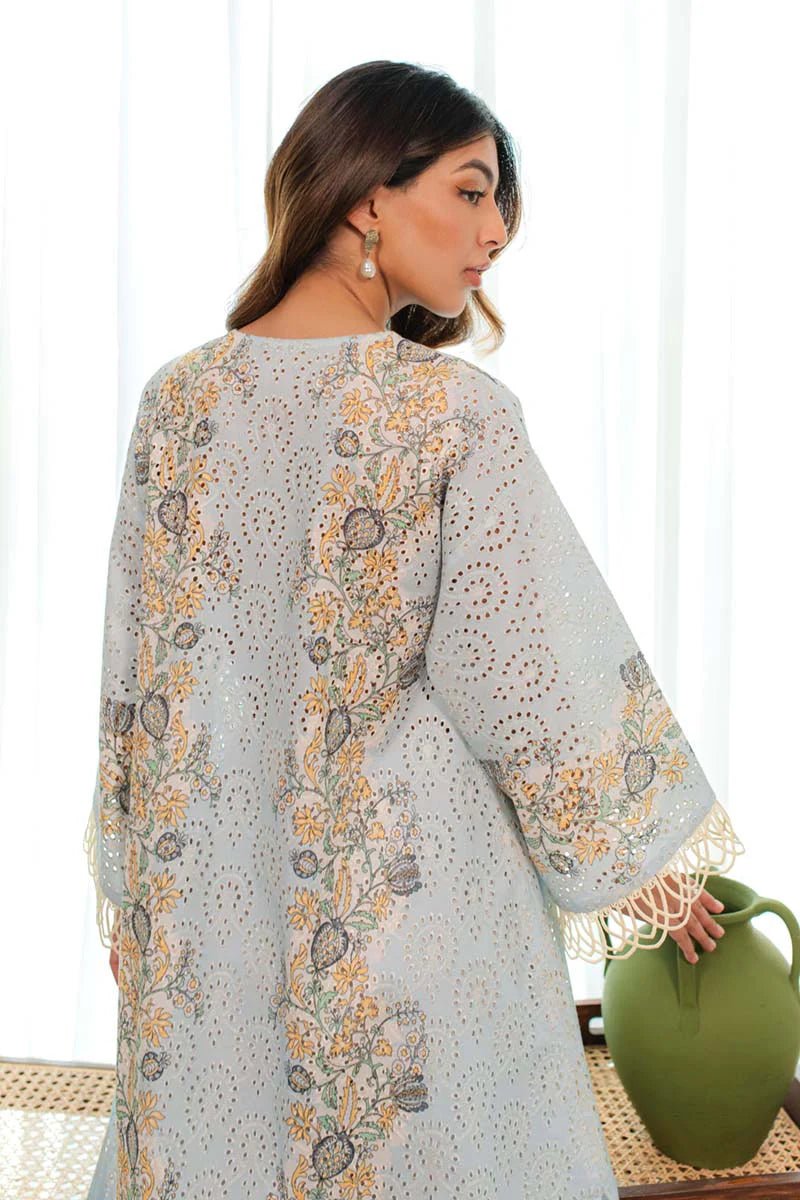 Model wearing Qalamkar Qprints 24 DP - 08 LEA dress, highlighting elegant Pakistani clothes available online in the UK.