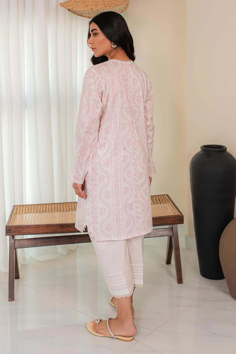 Model wearing Qalamkar Qprints 24 DP - 10 SILE dress, showcasing elegant Pakistani clothes online in the UK.