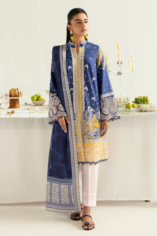 Model wearing blue and yellow PQ - 02 Hina dress from Qalamkar, a stylish Pakistani lawn suit perfect for eid and summer clothes in the UK.