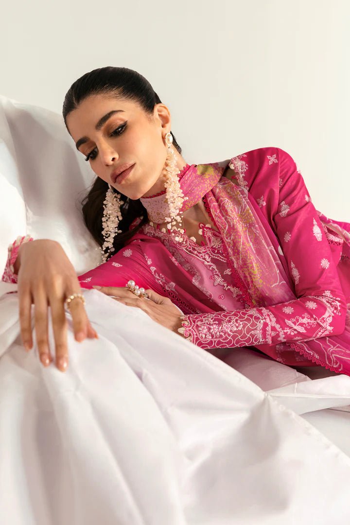 Model wearing pink PQ - 06 Veda dress from Qalamkar, a stylish Pakistani lawn suit perfect for summer clothes and lawn suits in the UK.