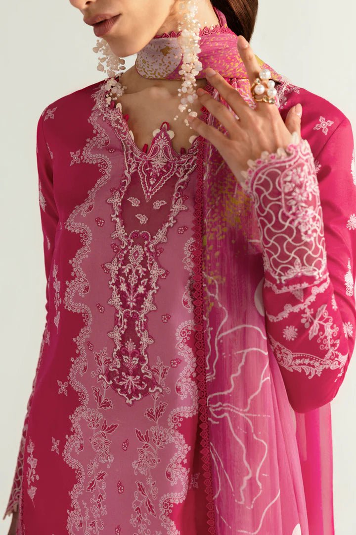 Model wearing pink PQ - 06 Veda dress from Qalamkar, a stylish Pakistani lawn suit perfect for summer clothes and lawn suits in the UK.