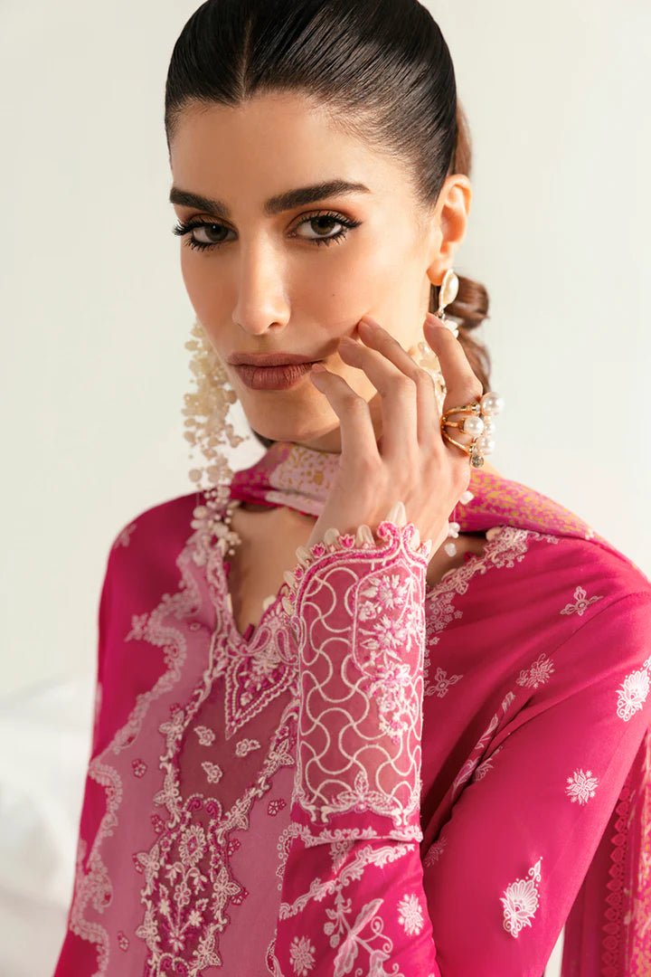 Model wearing pink PQ - 06 Veda dress from Qalamkar, a stylish Pakistani lawn suit perfect for summer clothes and lawn suits in the UK.