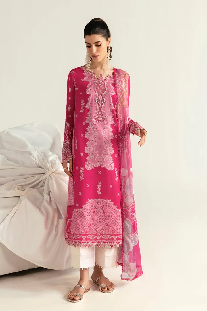 Model wearing pink PQ - 06 Veda dress from Qalamkar, a stylish Pakistani lawn suit perfect for summer clothes and lawn suits in the UK.