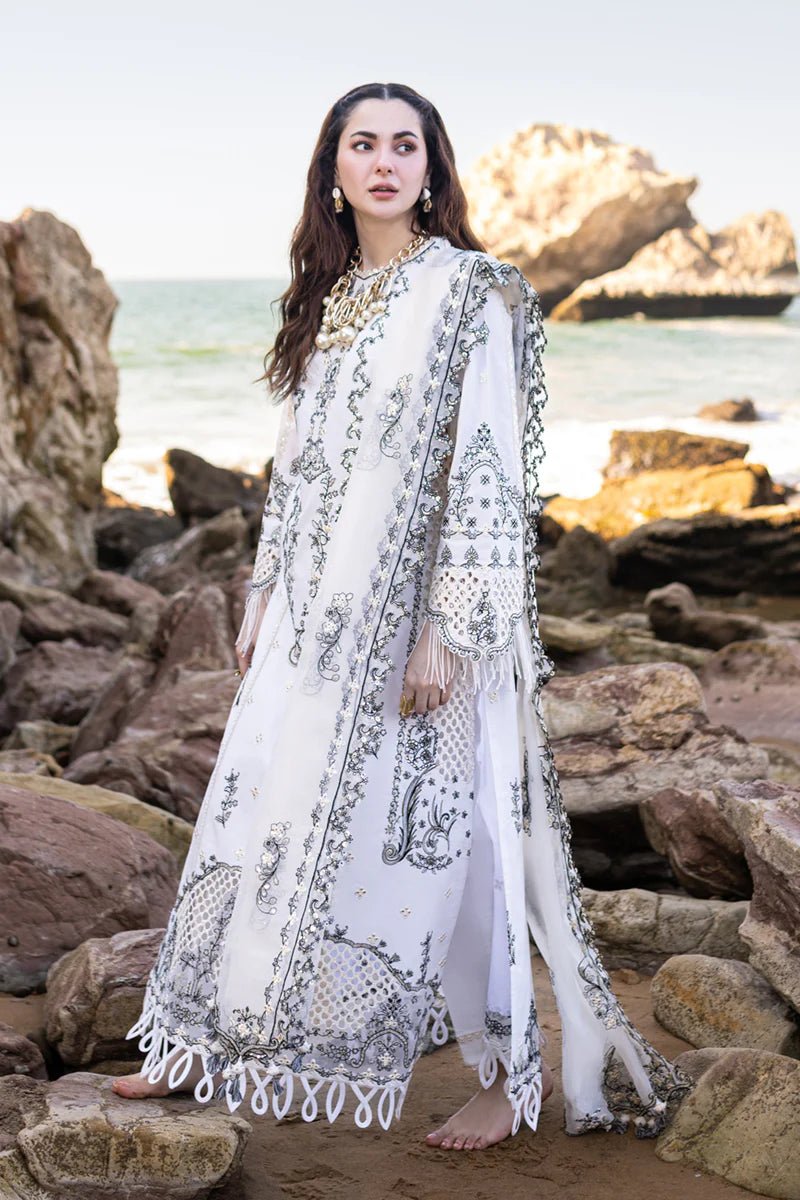 Model wearing Qalamkar SAHIL KINARE Luxury Lawn’24 FP - 02 FIZA dress, embodying Pakistani clothes online in the UK.